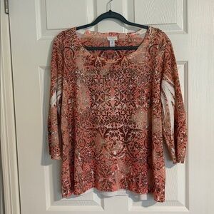Chicos Coral Peach Gold Print Top Size 3 Scoop Neck Rhinestones 3/4 Sleeve